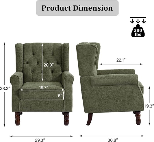 Wingback Accent Chair, Button-Tufted High Back Armchair for Living Room, Upholstered Wingback Chair with Solid Wood Legs, Comfy Single Sofa Reading Chair for Bedroom, Green