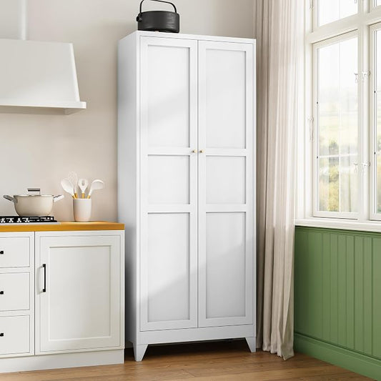 Letaya 75" H Metal Storage Cabinet with 2 Doors and 4 Shelves,Tall Kitchen Pantry Cabinets,Farmhouse Utility Pantry Organizers for Cupboard/Dining/Bathroom/Home Office/Garage Room,White