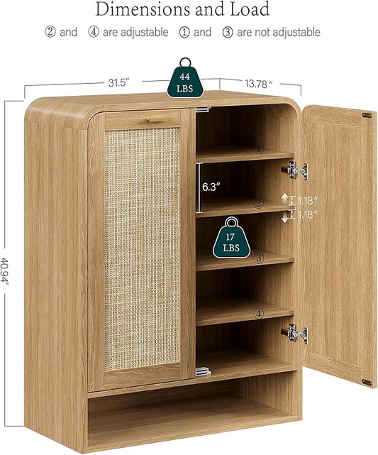 Evermagin 41" Tall Rattan Shoe Storage Cabinet, 24 Pairs Shoe Cabinet for Entryway, 5-Tier Boho Shoe Organizer with Doors for Hallway Living Room Closet, Natural Oak