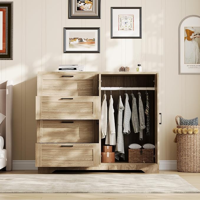 GarveeHome Multifunctional Wooden Dresser for Bedroom, 43.3 in H 2 Door Wardrobe Armoire Closet with 4 Drawers and Hanging Rod, Low Storage Cabinet for Hanging Cloth, Natural Oak