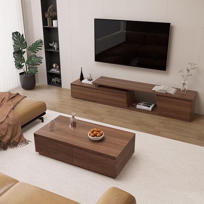 homary Media Console Walnut, Extendable TV Stands for Living Room, Minimalist Entertainment Center with 3 Drawers, Adjustable TV Stand for Up to 110 Inch TVs