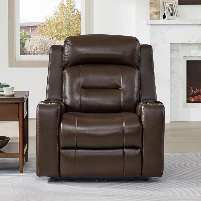 Watson & Whitely Oversized Genuine Leather Power Recliner Chairs for Big and Tall, Extra Wide Lay Flat Recliner with Power Headrest & Cup Holders, Electric Reclining Sofa for Living Room, Dark Brown