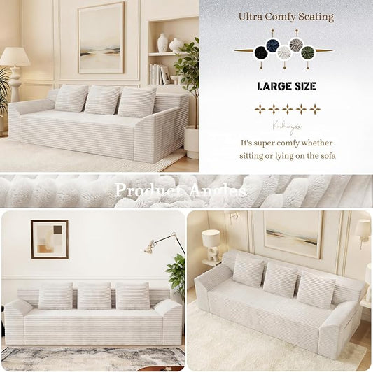 71" Corduroy Living Room Sofa, 3 Setaser Deep Seat Couch with 3 Lumbar Pillows, Comfy Boneless Sofa Modern Compressed Couch for Bedroom, Office, Apartment, No Assembly, Curved Armrests (Ancient White)