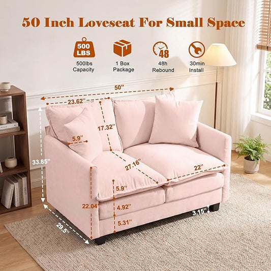 50'' Loveseat Sofa Cloud Sofa Couch, Modern Loveseats 2 Seat Couch 27" Deep Seat with 2 Pillows for Small Spaces Apartment Studio Office Bedroom Living Room, Pink