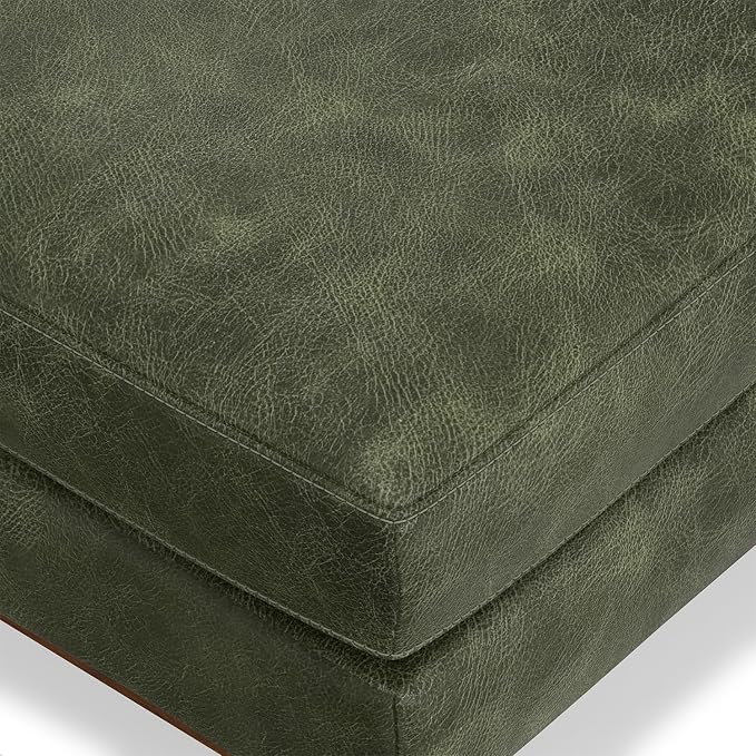 SIMPLIHOME Morrison 33 inch Wide Ottoman in Moss Green Genuine Leather, Multifunctional Footrest, Coffee Table, and Extra Seating for Living Room, Mid-Century Modern Style