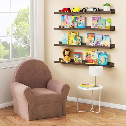 Forbena 36 Inch Long Picture Ledge Shelf, Wooden Floating Shelves for Wall with Lip, Dark Brown Wall Mounted Bookshelf Bookshelves for Living Room Bedroom Office Books Photos (Real Wood, Set of 4)