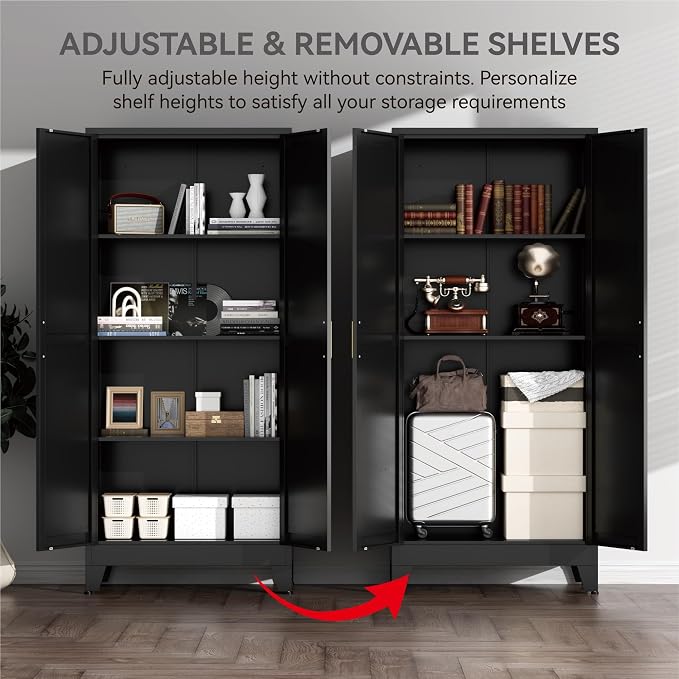 Farmhouse Pantry Cabinet with Barn Doors,61" H x 27.5" W,Metal Cabinet with Adjustable Shelves,4-Tier Storage Cabinet for Kitchen Dining Room Garage Office,Black 1 Pack
