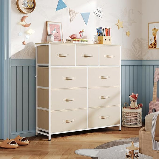 WLIVE 9 Drawer Dresser, Fabric Storage Tower for Bedroom, Hallway, Closet, Tall Chest Organizer Unit for Bedroom with Fabric Bins, Steel Frame, Wood Top, Easy Pull Handle, Cream White