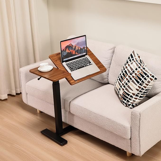 Adjustable Overbed Bedside Table with Hidden Wheels, Pneumatic Tilt Board Rolling Laptop Standing Desk Cart, Mobile Over Bed Sofa Chair Side End Tables, Walnut (Walnut)