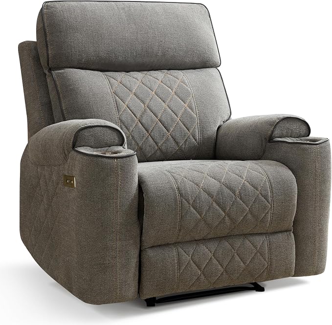 HAOMARKETS Electric Recliner Chair, Soft Fabric Power Recliners with Metal Cup Holders, Single Overstuffed Heavy Duty Reclining Sofa Chairs for Living Room Bedroom, Light Grey