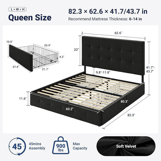 Allewie Upholstered Queen Size Platform Bed Frame with 4 Storage Drawers and Adjustable Headboard, Square Button Tufted, Wooden Slats Support, Noise-Free, No Box Spring Needed, Easy Assembly, Black