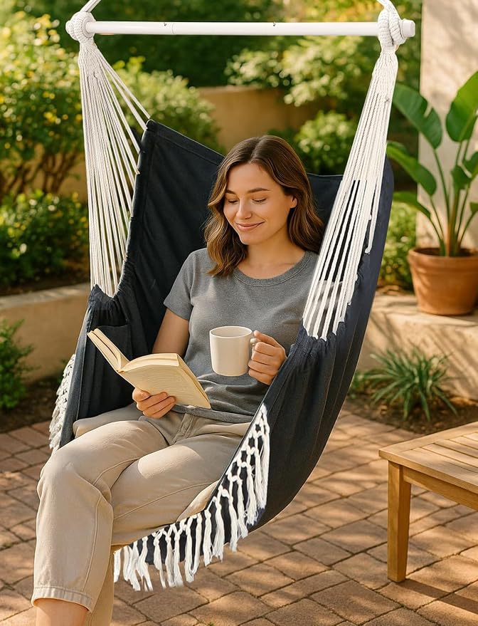 Chihee Hammock Chair Hanging Swing Max 500 Lbs 2 Cushions Included Steel Spreader Bar with Anti-Slip Grooves Portable Hanging Chair Side Pocket Large Macrame Bohemian Chair Indoor Outdoor