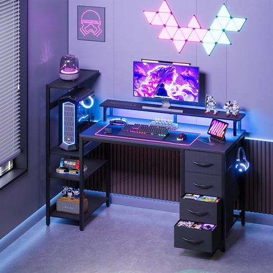 51 Inch Gaming Desk with Power Outlet and LED Lights, Computer Desk with 4 Drawers & Storage Shelves, Reversible Home Office Desk with Monitor Stand for Small Space Bedroom, Carbon Fiber Black