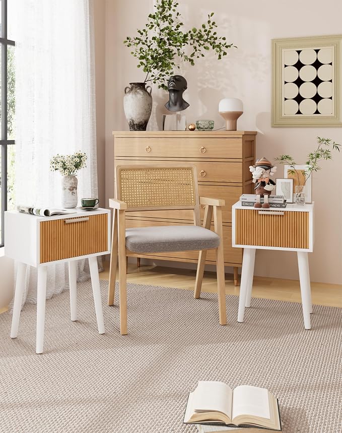 YMYNY Narrow Fluted Nightstand Set of 2, Small End Table, Modern Coffee Table with Drawer, Solid Wood Legs, Retaining Chain, for Bedroom and Small Spaces, White and Natural UHST014WN-2