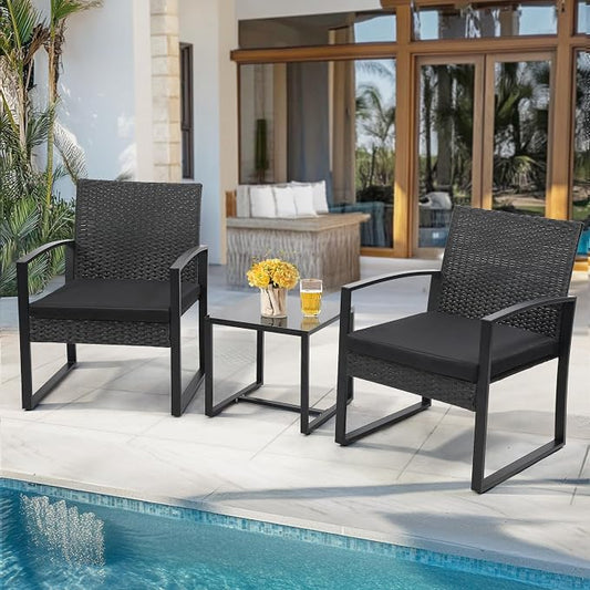 3 Piece Outdoor Wicker Bistro Set, Rattan Patio Conversation Set with Coffee Table & Washable Cushions for Porch Yard Balcony, Black/Black