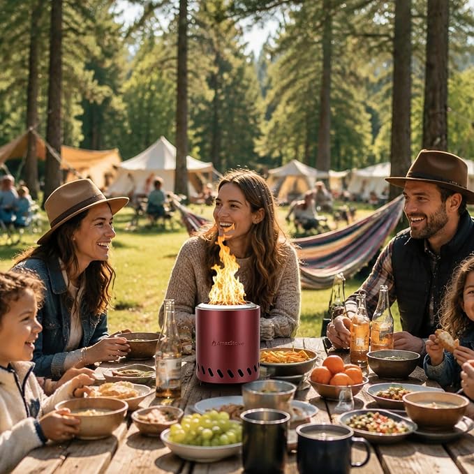9.7 x 7.1 Inch Tabletop Fire Pit by AmazStove, Low Smoke Camping Stove for Outdoor Safe Burning Firepits, Fueled Pellets or Wood, Travel Bag Included (Red, 9.7 x 7.1 INCH)