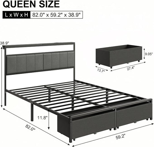 Queen Bed Frame with 2 Storage Drawers, Grey Upholstered | Headboard with Charging Station and LED Lights, Metal Platform Bed with Storage Shelf, Noise Free, No Box Spring Needed