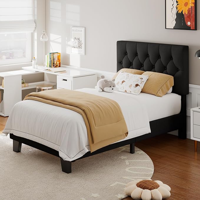 Feonase Twin Platform Bed Frame with Button Tufted Headboard, Upholstered Linen Bed with Wooden Slats Support, No Box Spring Needed, Noise-Free, Easy Assembly, Black