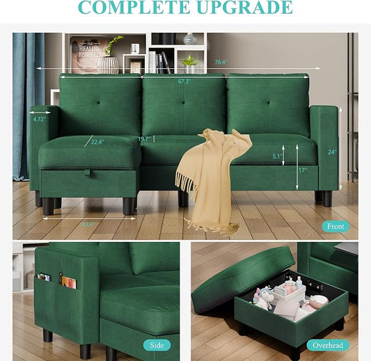 Shintenchi 76" Modern Upholstered Sectional Sofa Couch,L-Shaped Convertible Sofa with Storage Ottoman,Comfy Couches with Side Storage Pockets for Living Room,Green Linen Fabric