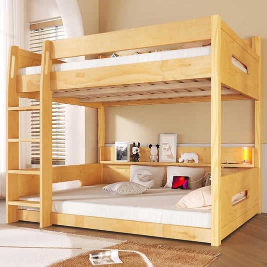 Wood Bunk Bed Queen over Queen Size with Built-in Storage Shelves and USB Ports on Upper and Lower, Versatile Bunk Bed Frame with Ladder and Guardrail for Kids Teens Adult, Maximize Space (Wood-1.1)