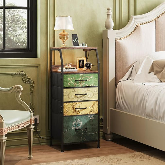WLIVE 4 Drawer Dresser for Bedroom, 37" H Nightstand with Charging Station and Led Light, Tall Night Stand Bed Side Table, End Table with USB Ports and Outlets, Fabric Bins, Floral Painted