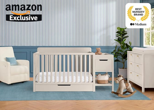 Delta Children Maya 5-in-1 Convertible Crib and Changer with Storage, Converts to Toddler Bed, Daybed, Sofa & Full Bed, Greenguard Gold Certified, 3 Mattress Heights for Baby, Soft Beige