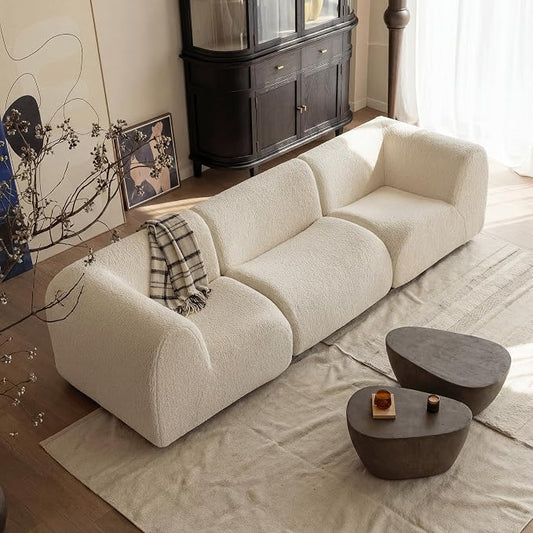 34" Curved Single Sofa Chair, Foam Boneless Sherpa Couch with Deep Seat, Comfy Teddy Sofas for Living Room, Bedroom, Apartment, Modern Sectional Modular Couches – No Assembly, White