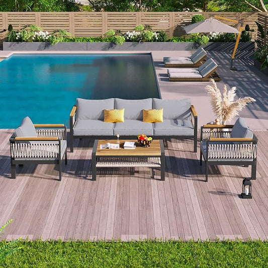 VilroCaz 4 Pieces Outdoor Sectional Sofa Set, All-Weather Patio Seating Group Cnversation Set with Cushions and Coffee Table for Patios Gardens Balcony, Sturdy Steel Frame (Grey+Metal & Wood)