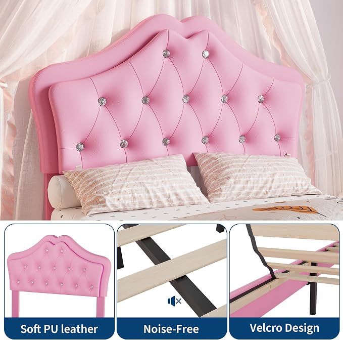 Garvee Twin Size Bed Frame with LED Lights & Velvet Crystal Button Headboard, Upholstered Princess/Girl Platform Bed with Storage Drawer, Noise Free, No Box Spring Needed for Kids, Teens, Pink