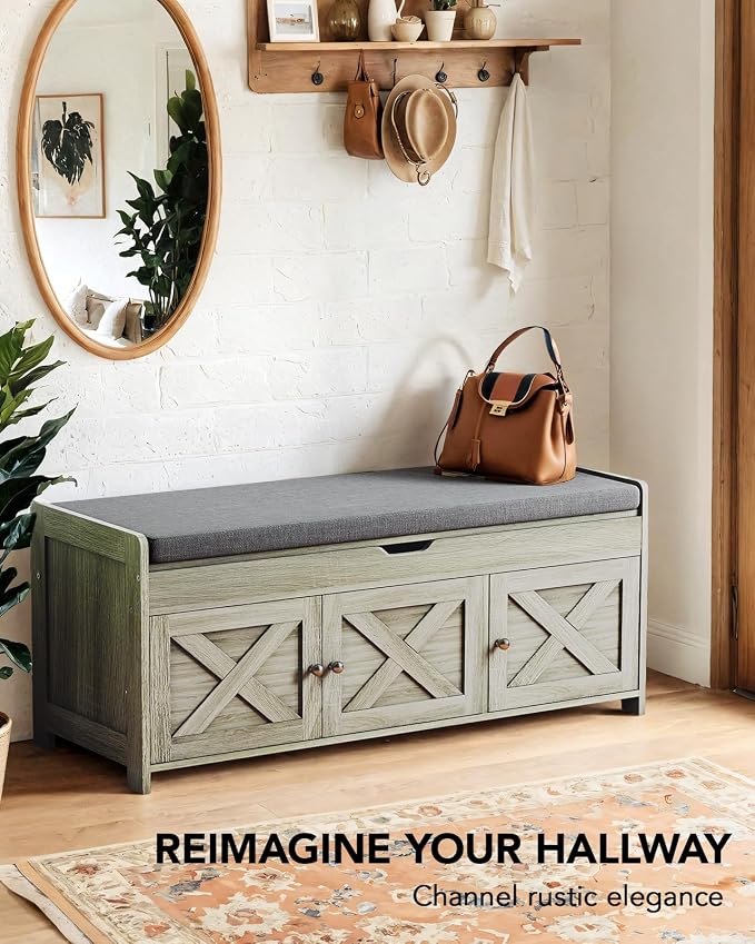 Amada Shoe Bench, 39.4” Entryway Bench with Cushioned Seat & Lift Top Storage, Adjustable Shelf, 300 lbs Capacity, 2-Tier Storage Bench with Shoe Rack for Entryway, Bedroom, Gray