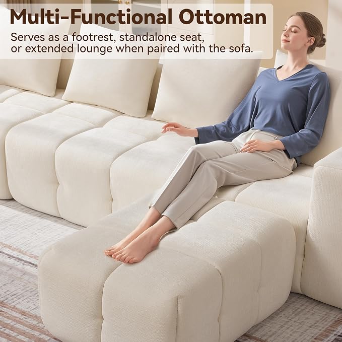 Large Boneless Ottoman, Upholstered Cloud Ottomans for Couch, Oversized Modern Foot Rest for Sectional Couches for Living Room, Foot Stools No Assembly Required, Tufted Ottoman, Beige