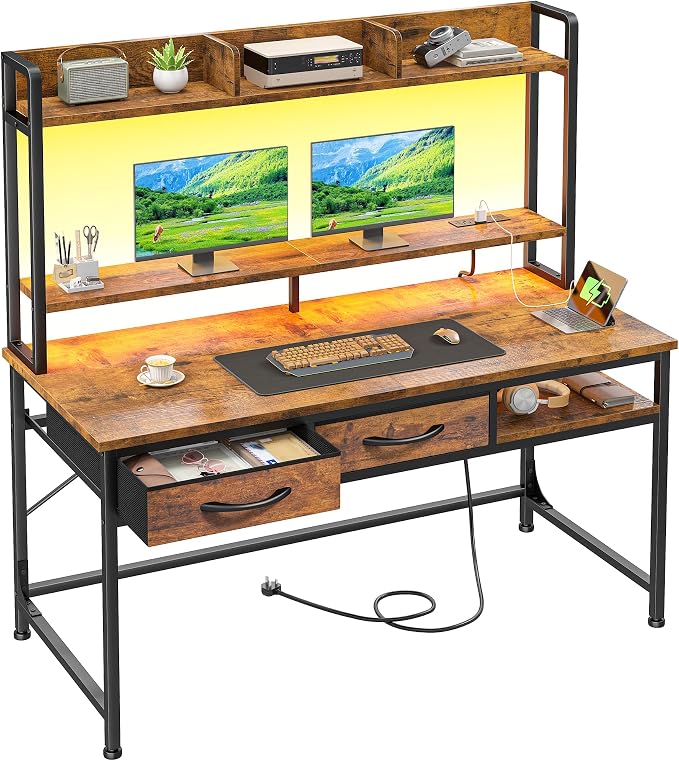 DurayLoly 47.2" Computer Desk with Hutch& Drawers,Desk for Bedroom | Eye-protective Soft LED Teen Study Desk Built-in USB Port for Desk Lamps Monitor Stand, Protect Neck & Spine