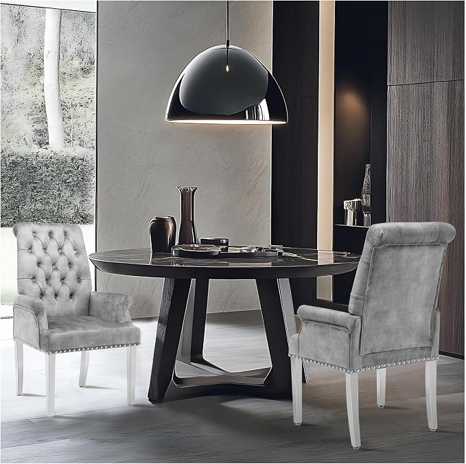 AODCHR Upholstered Velvet Accent Dining Chair, Elegant Tufted Dining Room Kitchen Room Arm Chair with Stainless Steel Leg, Light Grey