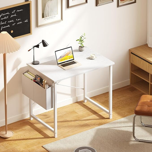 OLIXIS Small Computer Desk, 31 Inch Home Office Desks, Writing Study Craft Work Gaming Table, Computer Workstation for Bedroom Small Spaces with Storage Bag, All White