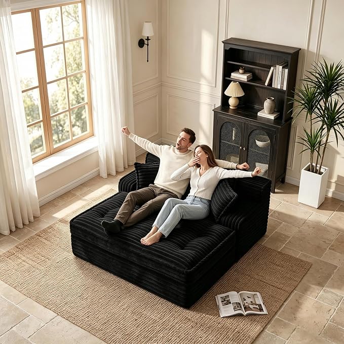 67'' Chaise Lounge Chair Indoor, Oversized Corduroy Upholstered Boneless Sofa Bed, Sleeper Couch Reading Chairs with 3 Pillows, Cloud Sofas Couches for Living Room, No Assembly Required (Black)