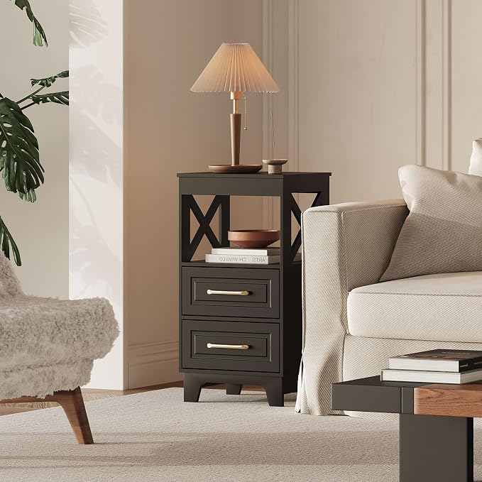 Tall Nightstand Set of 2 Side Table with 2 Drawers Modern Night Stand Wooden End Table Bedside Table with Upper Open Shelf Solid Feet for Bedroom Black