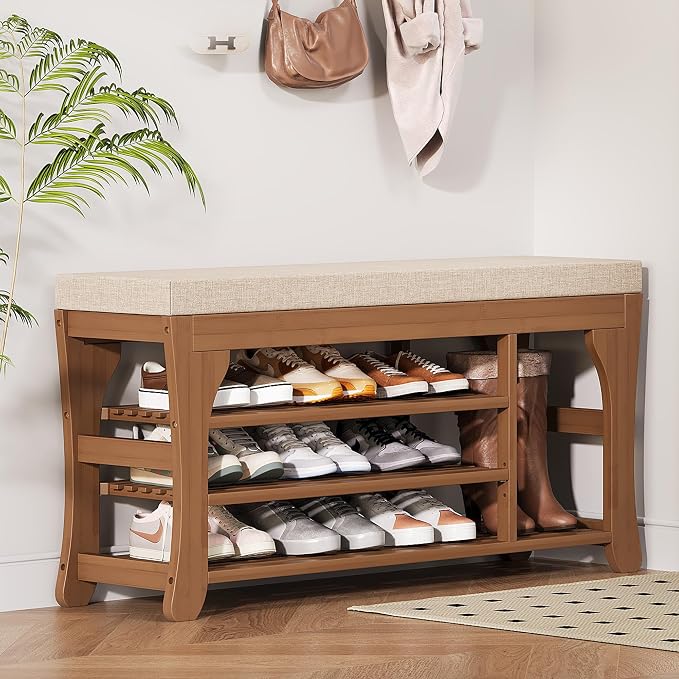 PETKABOO 39.4" Shoe Storage Bench with Cushion, 3-Tier Shoe Rack Bench with Adjustable Shelf, 400 LB Capacity, Boot Storage Compartment, Shoe Organizer for Entryway, Hallway, Bedroom, Closet