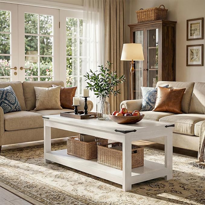 Homieasy 43.3” Rectangular Coffee Table with Storage Shelf, Farmhouse Wood Center Table for Living Room, Modern Black Tea Table with Open Shelf, White
