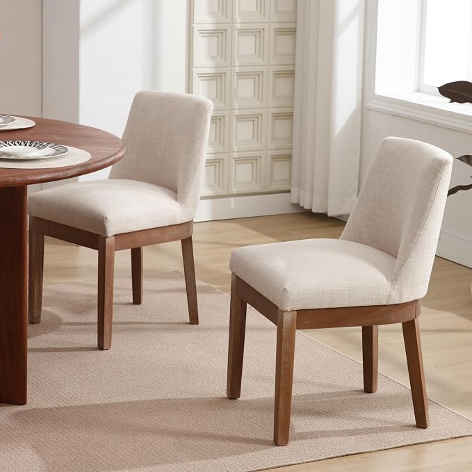 RIVOVA Upholstered Dining Chairs Set of 4, Modern Wooden Dining Room Chair Linen Fabric Kitchen Chairs Farmhouse Dinner Chair with Hardwood Frame, Beige