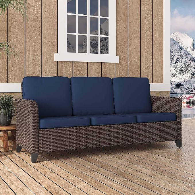 Patio Couch with High Back, 75" 3 Seats Outdoor Sofa, All Weather PE Wicker Couch with Waterproof Cushion for Porch, Backyard, Balcony, Deck