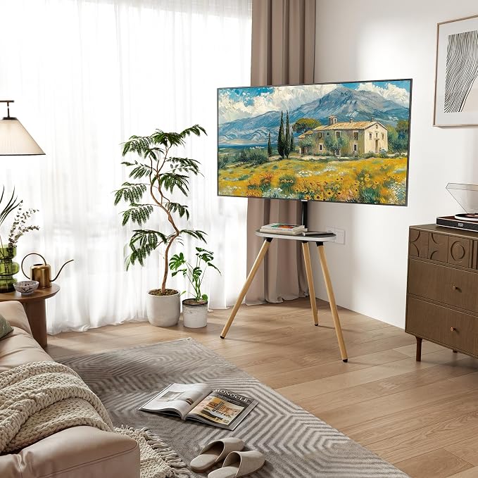 Tripod Easel TV Stand for 43–65 Inch TVs, Height Adjustable Swivel Floor Stand with Wooden Tray and Cable Management, VESA 400x400, Minimalist White