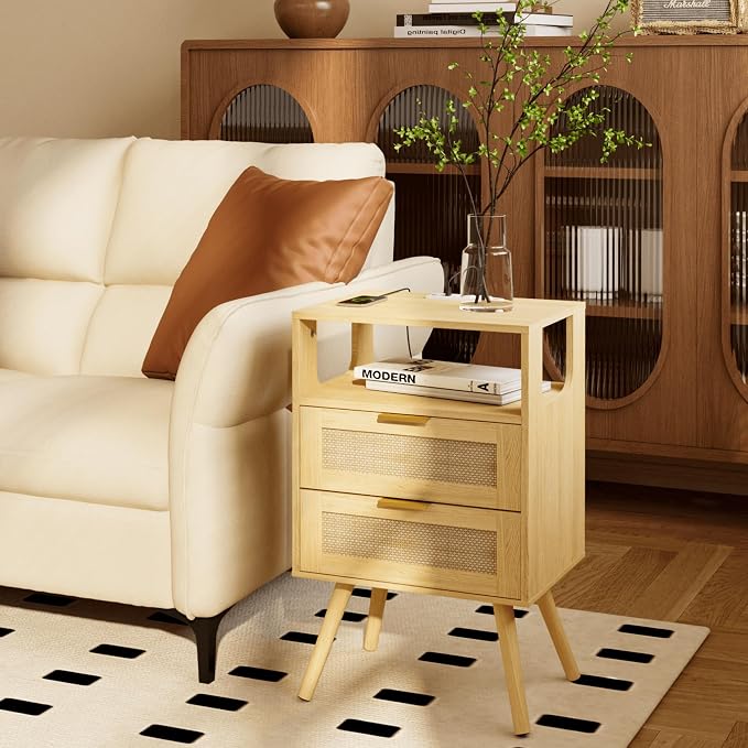 JOONEE Rattan Nightstand with Charging Station,Farmhouse Bedside Table with 2 Storage Drawer and Open Wood Shelf, for Bedroom and Small Spaces,Night Stand with Solid Wood Legs (Yellow Oak-Outlet)