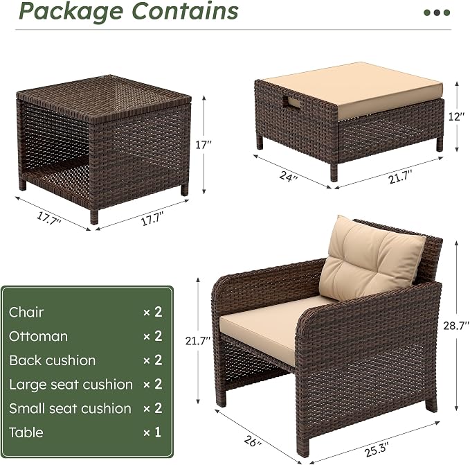 LHBcraft Balcony Furniture 5 Piece Patio Furniture Set, PE Rattan Patio Chairs Conversation Set with Soft Cushions 2 Ottoman & Table for Porch, Lawn, Garden, Beige