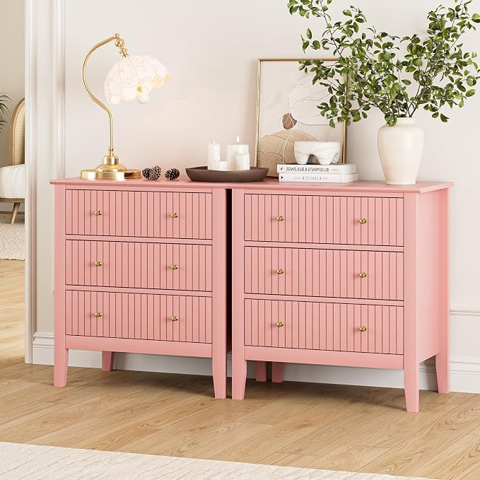 Night Stand, Fluted 3 Drawer Wide Farmhouse Nightstand with Gold Handle, Modern Wooden Bedside End Table for Bedroom, Living Room, Pink