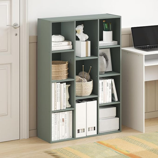Furinno LUDER Book Shelf, 11-Cube Bookshelf, Reversible Bookcase, 9.4 x 29.1 x 41.7, Easy Assembly, for Living Room, Bedroom, Home Office, Sage Green