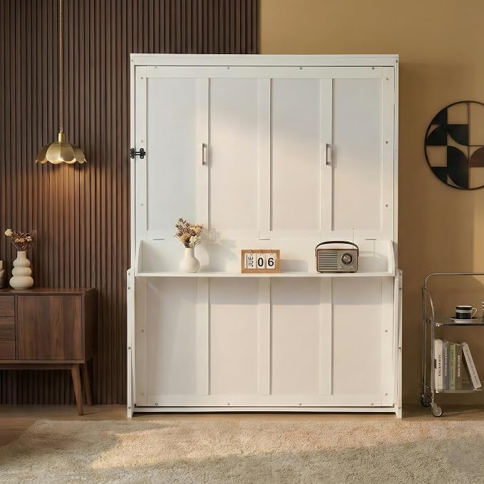 PVWIIK Queen Size Murphy Bed with Desk,Storage Shelf for Small Space,Bedroom,Guest Room,Wood Hidden Wall Multifunctional Bed Space-Saving Cabinet,White