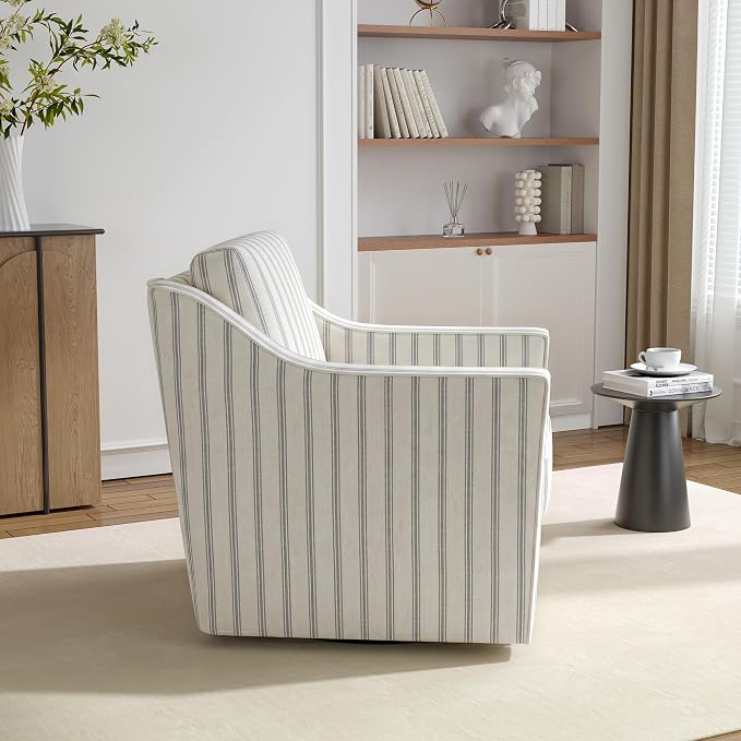 Swivel Accent Chairs Set of 2, 360° Swivel Upholstered Club Armchairs for Living Room, Comfy Reading Chair with Deep Seat, Metal Swivel Base, Pinstripe Light Blue