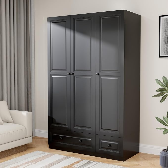 Armoire Wardrobe Closet with Drawers: 47" Black Wardrobe Closet with 3 Doors and 2 Drawers, Wood Clothes Armoire with Hanging Rod, Clothing Storage Cabinet for Bedroom