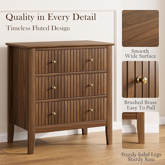 Night Stand, Fluted 3 Drawer Wide Farmhouse Nightstand with Gold Handle, Larger Wider Modern Bedside End Table for Bedroom, Living Room, Walnut