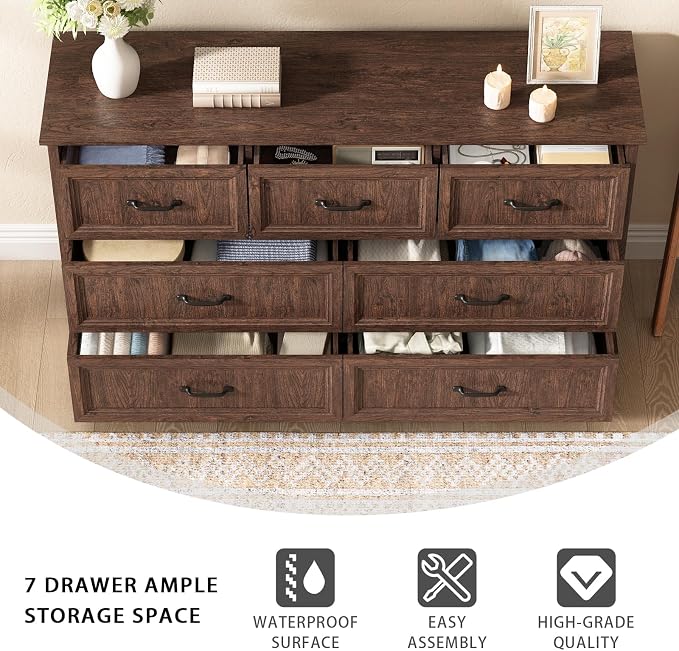CARPETNAL Farmhouse Dresser and Nightstand Sets for Bedroom, 3 Pcs Bedroom Set, 7 Drawer Dresser & Nightstand Set of 2, Modern Wood Chest of Drawers for Bedroom, Living Room, Entryway, Brown